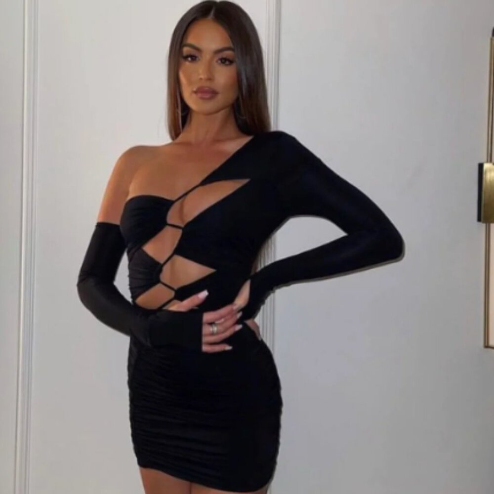 House of CB - FLAME - Mistress Rocks - Black Jersey Asymmetric Cutout Mini Dress